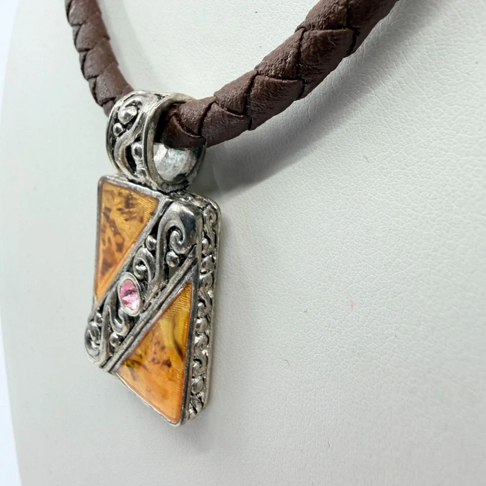VTG Amber & Silver Resin Statement Necklace with Braided Leather Pendant